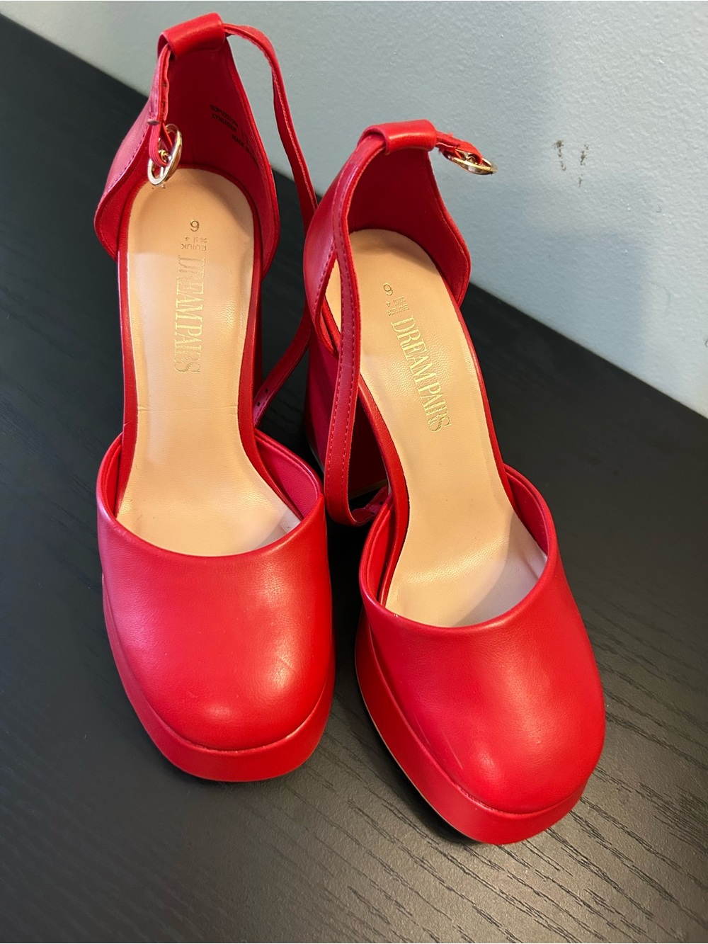 Dream Pairs Red Platform Almond-Toe Ankle-Strap Pumps